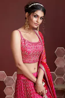 Pink Embroidered Chiffon Semi Stitched Lehenga Up To 42" Size