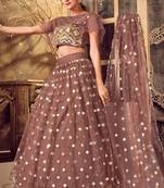 Brown Embroidered Net Semi Stitched Lehenga Up To 42" Size