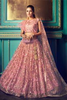 Pink Embroidered Net Semi Stitched Lehenga Up To 42" Size