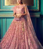 Pink Embroidered Net Semi Stitched Lehenga Up To 42" Size