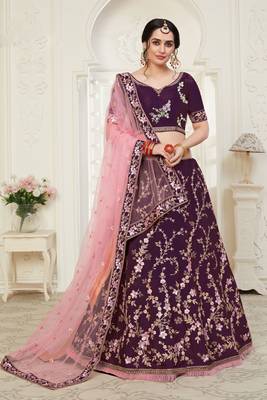 Wine Embroidered Art Silk Semi Stitched Lehenga Up To 42" Size 1