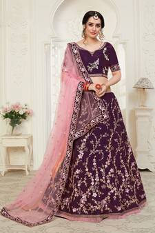 Wine Embroidered Art Silk Semi Stitched Lehenga Up To 42" Size
