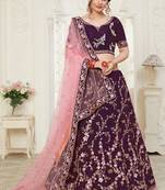 Wine Embroidered Art Silk Semi Stitched Lehenga Up To 42" Size