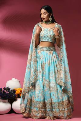 Blue Embroidered Organza Semi Stitched Lehenga Up To 42" Size 1