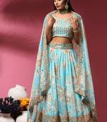 Blue Embroidered Organza Semi Stitched Lehenga Up To 42" Size