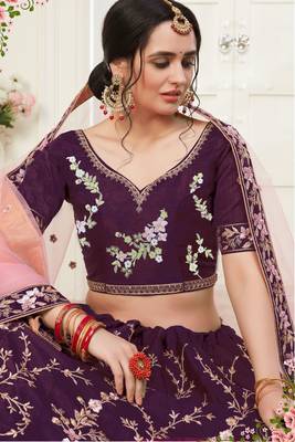 Wine Embroidered Art Silk Semi Stitched Lehenga Up To 42" Size 2
