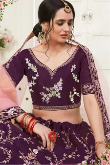 Wine Embroidered Art Silk Semi Stitched Lehenga Up To 42" Size