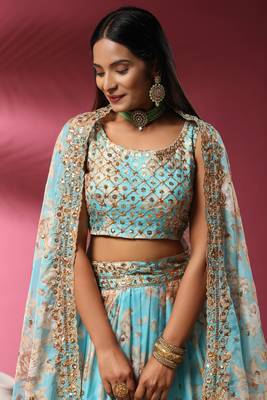 Blue Embroidered Organza Semi Stitched Lehenga Up To 42" Size 2