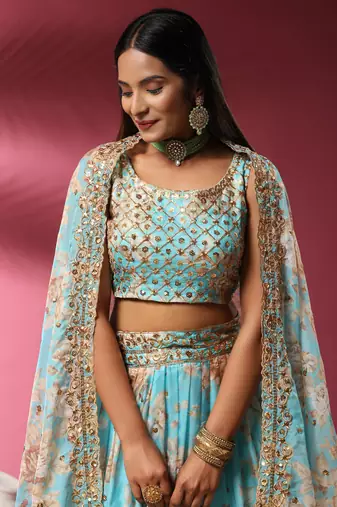 Blue Embroidered Organza Semi Stitched Lehenga Up To 42" Size