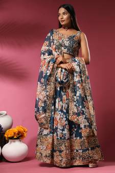 Blue Embroidered Organza Semi Stitched Lehenga Up To 42" Size