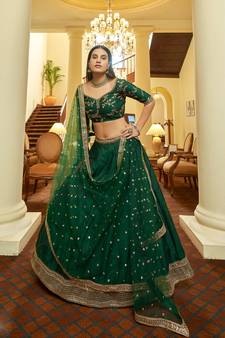 Green Embroidered Art Silk Semi Stitched Lehenga Up To 42" Size