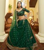 Green Embroidered Art Silk Semi Stitched Lehenga Up To 42" Size