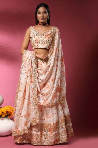Off-White Embroidered Organza Semi Stitched Lehenga Up To 42" Size