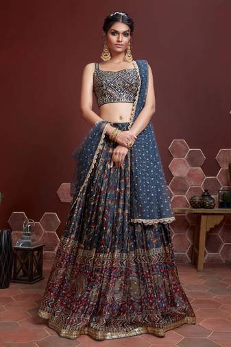 Blue Embroidered Art Silk Semi Stitched Lehenga Up To 42" Size