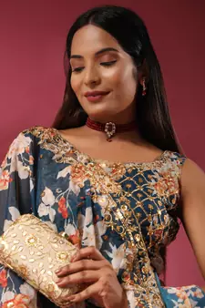 Blue Embroidered Organza Semi Stitched Lehenga Up To 42" Size