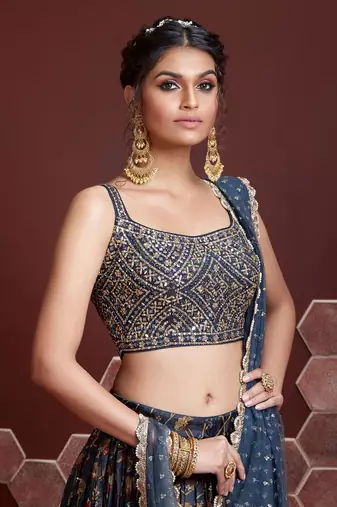 Blue Embroidered Art Silk Semi Stitched Lehenga Up To 42" Size