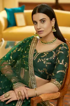 Green Embroidered Art Silk Semi Stitched Lehenga Up To 42" Size