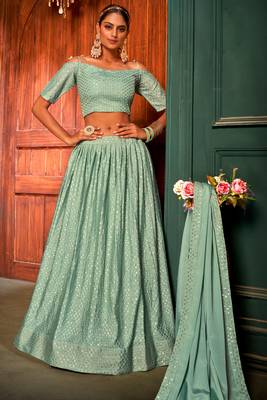 Green Embroidered Chiffon Semi Stitched Lehenga Up To 42" Size 1