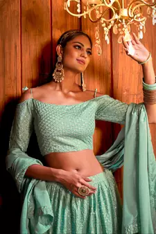 Green Embroidered Chiffon Semi Stitched Lehenga Up To 42" Size