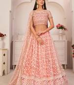 Pink Embroidered Net Semi Stitched Lehenga Up To 42" Size