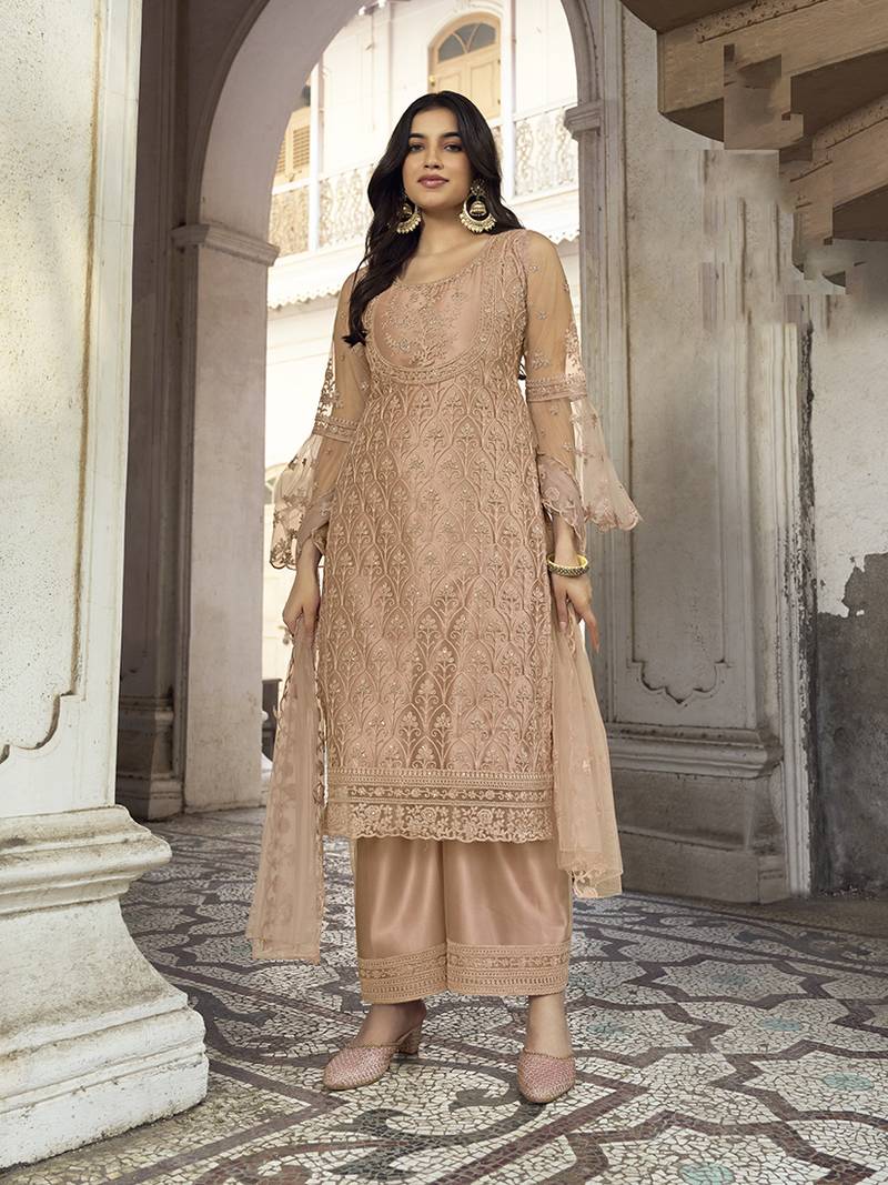 Beige embroidered net salwar