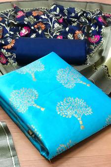 Blue floral print brocade salwar