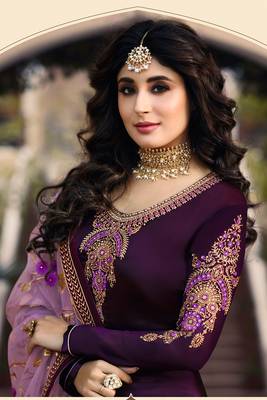 Purple Embroidered Georgette Salwar Free size full stitched Up To 42" Size 3