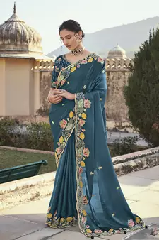 Teal embroidered silk saree with blouse