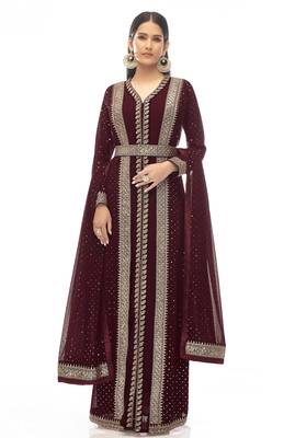 Maroon Designer Georgette Jacket Style Dress with Sequins and Stone Work 1