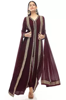 Maroon Designer Georgette Jacket Style Dress with Sequins and Stone Work