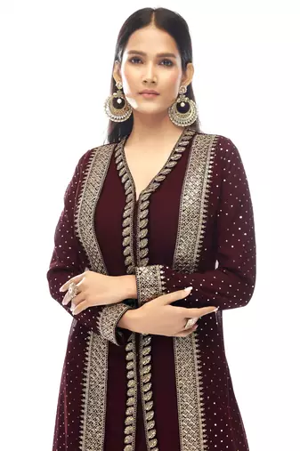 Maroon Designer Georgette Jacket Style Dress with Sequins and Stone Work