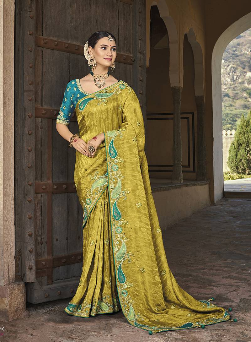 Olive embroidered silk saree with blouse