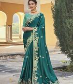 Teal embroidered silk saree with blouse