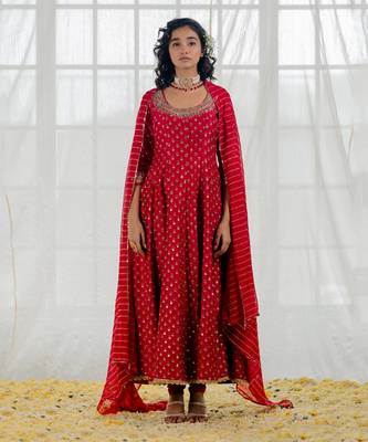 Cherry Red Chanderi Printed & Embroidered Anarkali Set 1