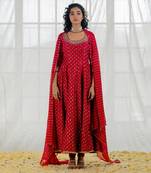 Cherry Red Chanderi Printed & Embroidered Anarkali Set