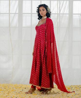 Cherry Red Chanderi Printed & Embroidered Anarkali Set 2