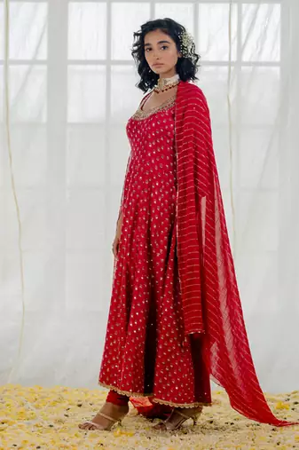 Cherry Red Chanderi Printed & Embroidered Anarkali Set