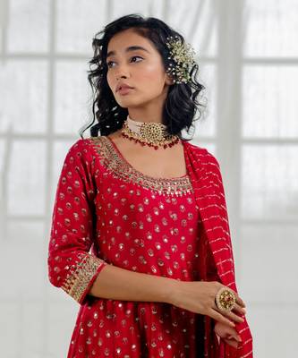 Cherry Red Chanderi Printed & Embroidered Anarkali Set 3