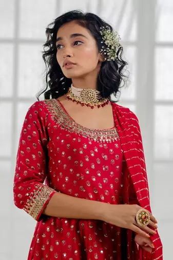 Cherry Red Chanderi Printed & Embroidered Anarkali Set