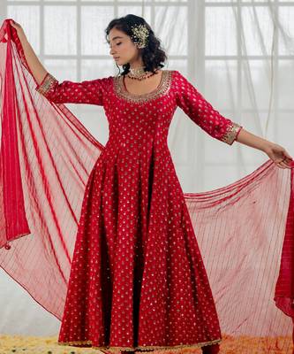 Cherry Red Chanderi Printed & Embroidered Anarkali Set 4