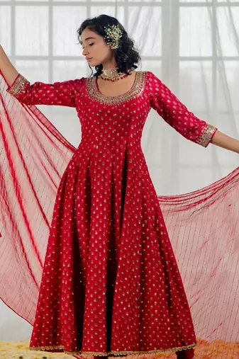 Cherry Red Chanderi Printed & Embroidered Anarkali Set