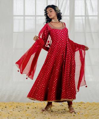 Cherry Red Chanderi Printed & Embroidered Anarkali Set 5