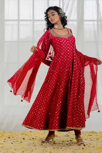 Cherry Red Chanderi Printed & Embroidered Anarkali Set