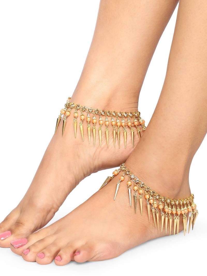 Statement Design Gold Plated Pearl Studded with Triangle Fringes hanging Toe Anklet for Girls and Women