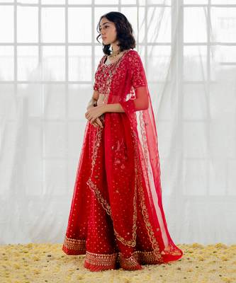 Cherry Red Embroidered Organza Lehenga Set 1