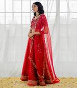 Cherry Red Embroidered Organza Lehenga Set