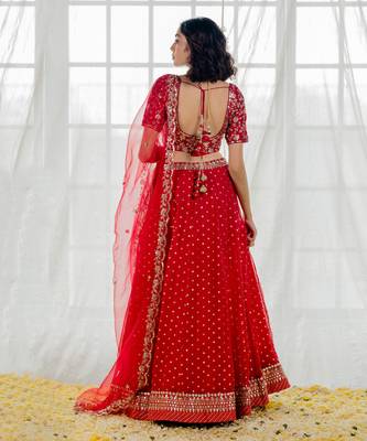 Cherry Red Embroidered Organza Lehenga Set 2