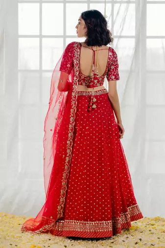 Cherry Red Embroidered Organza Lehenga Set