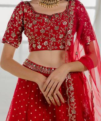 Cherry Red Embroidered Organza Lehenga Set 3