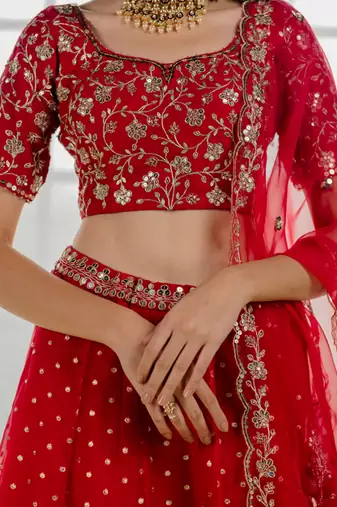 Cherry Red Embroidered Organza Lehenga Set